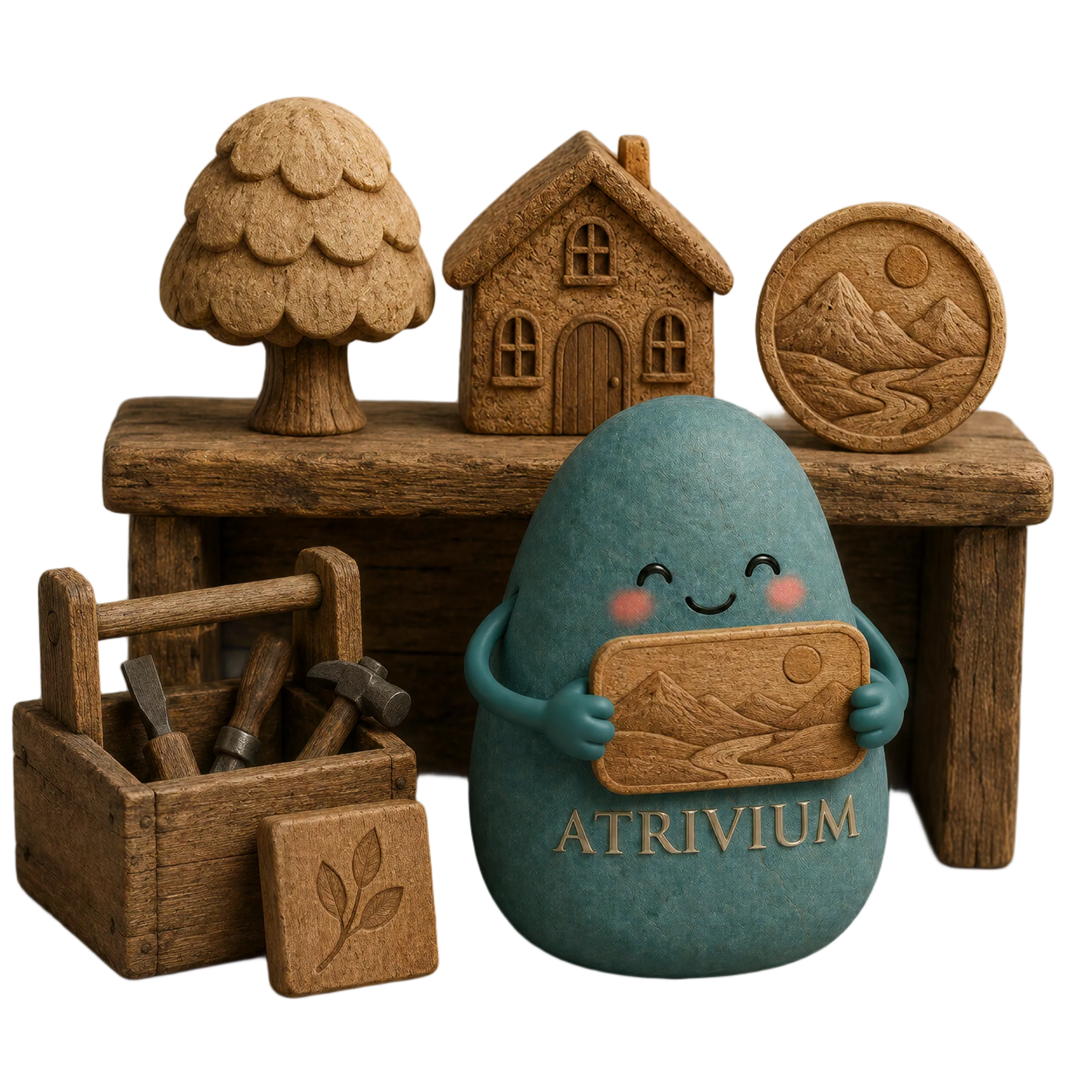 atrivium-Maskottchen mit geschnitzter Landschaftstafel vor einer Werkbank mit Holzfiguren und Werkzeugkasten