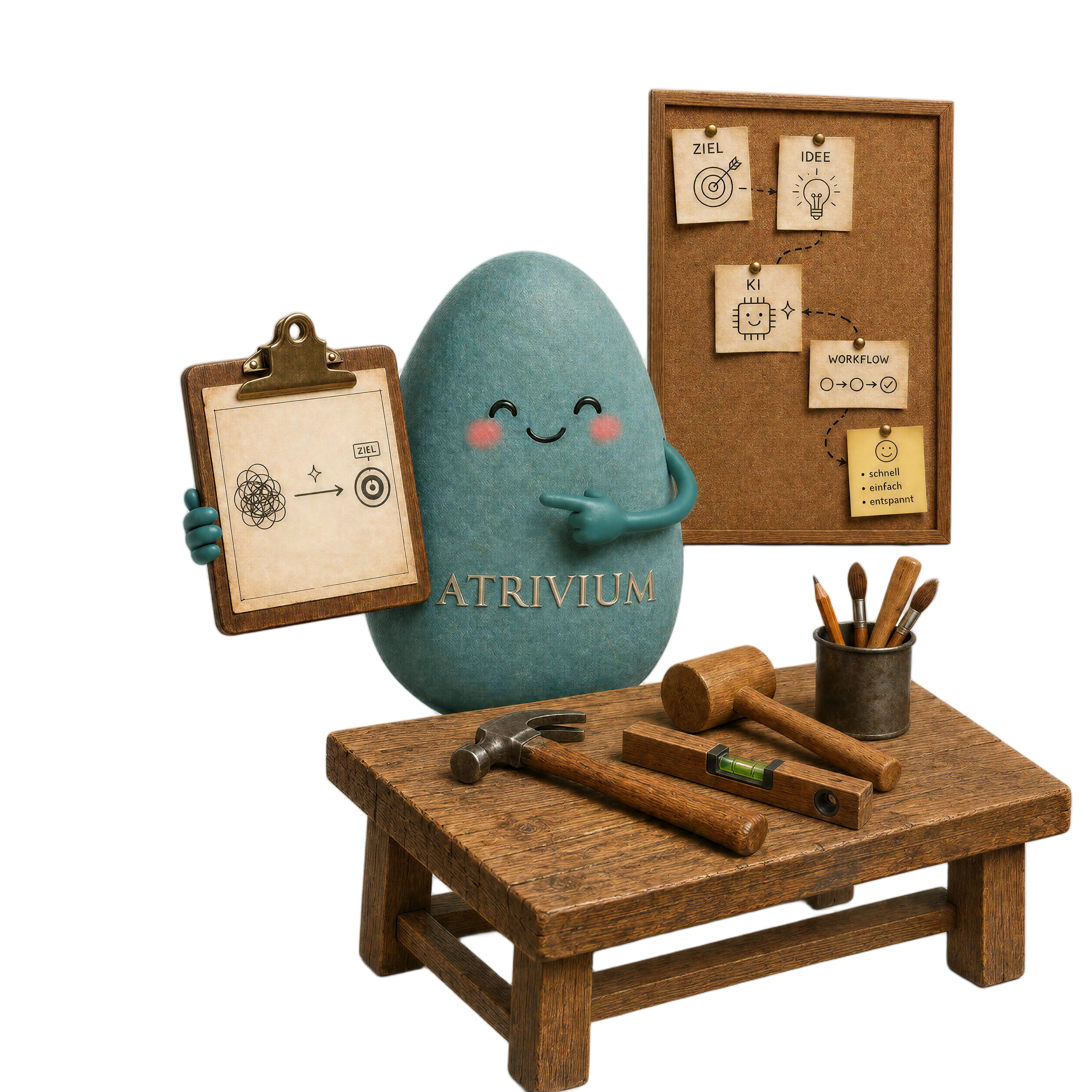 atrivium-Maskottchen mit Klemmbrett vor einer Aufgabentafel